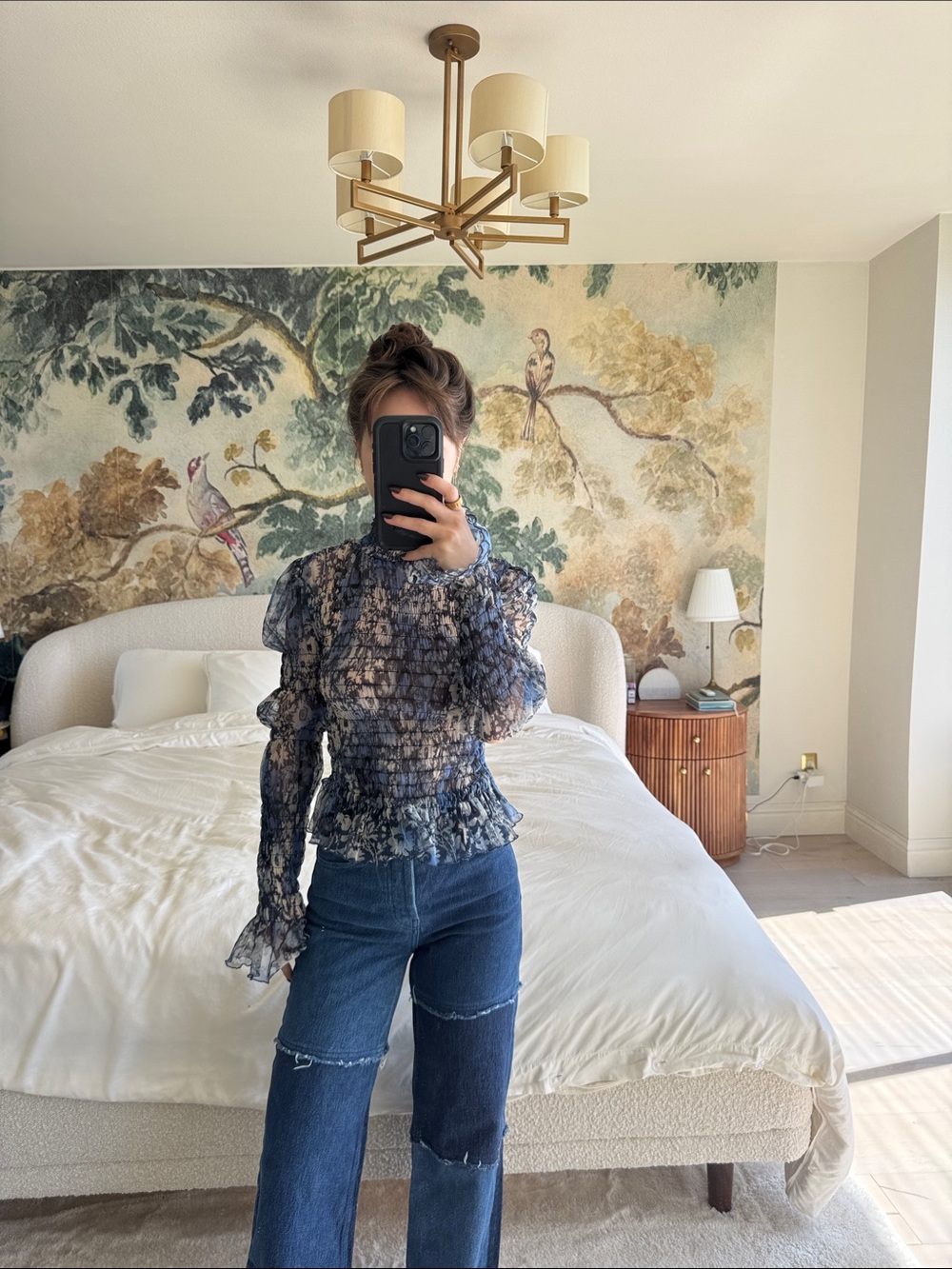 Free People Navy Floral Smocked Ruffle Blouse